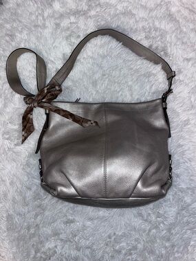 Coach Metallic Taupe Leather Shoulder Bag with Signature Bow Scarf Accent